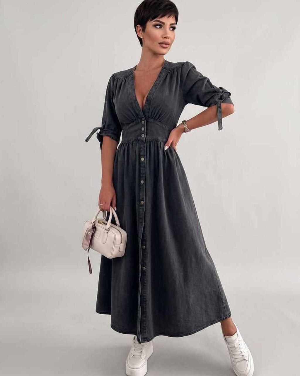 Eloria Midi Dress by Lauven — lightweight mid sleeve V-neck button front fit and flare midi dress
