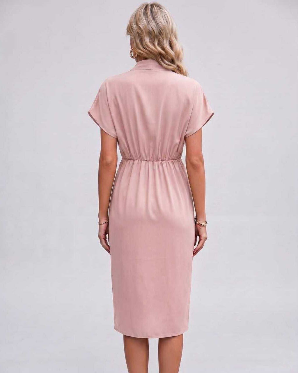 Veloura Midi Dress by Lauven — satin cap sleeve V-neck draped midi dress