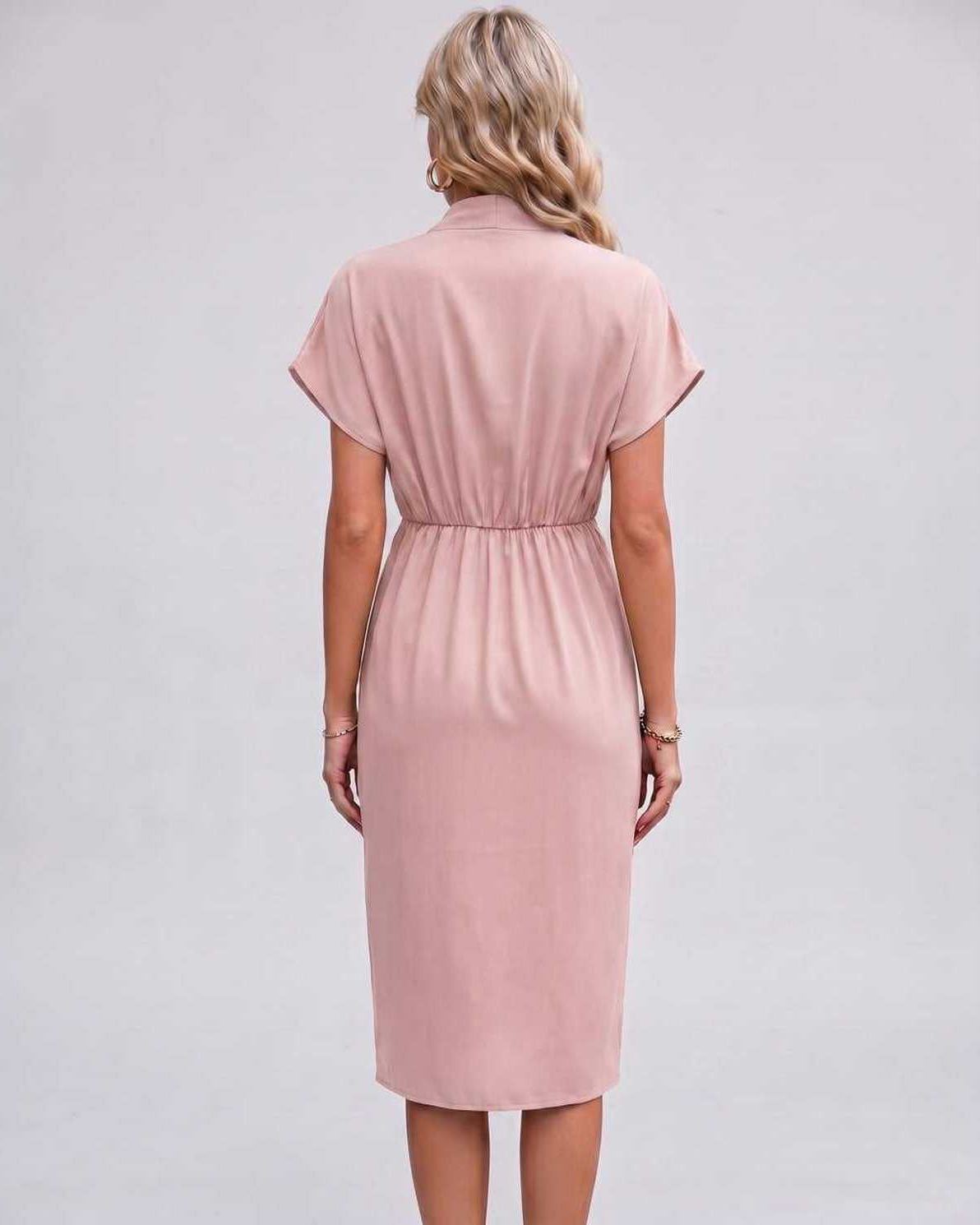 Veloura Midi Dress by Lauven — satin cap sleeve V-neck draped midi dress