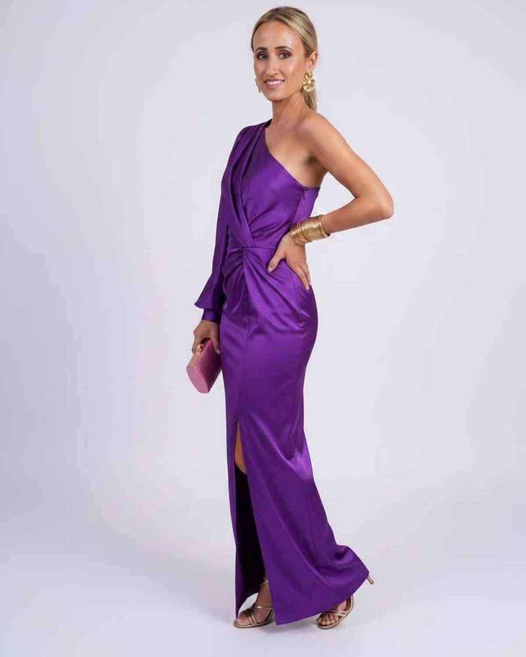 Veloura Maxi Dress by Lauven — satin one-shoulder long sleeve draped maxi dress