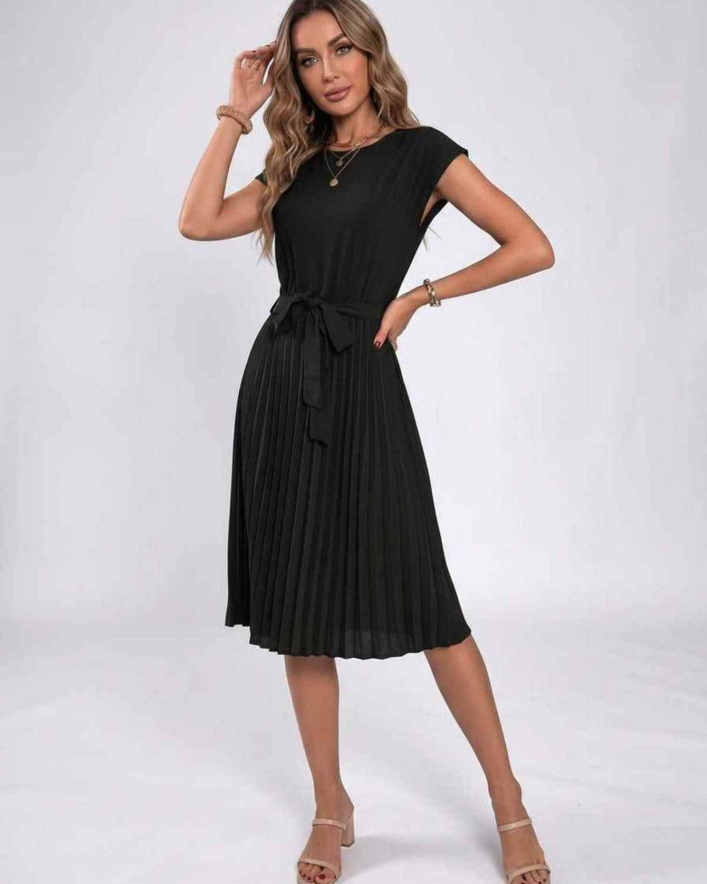 Lunessa Midi Dress by Lauven — pleated chiffon cap sleeve round neck midi dress