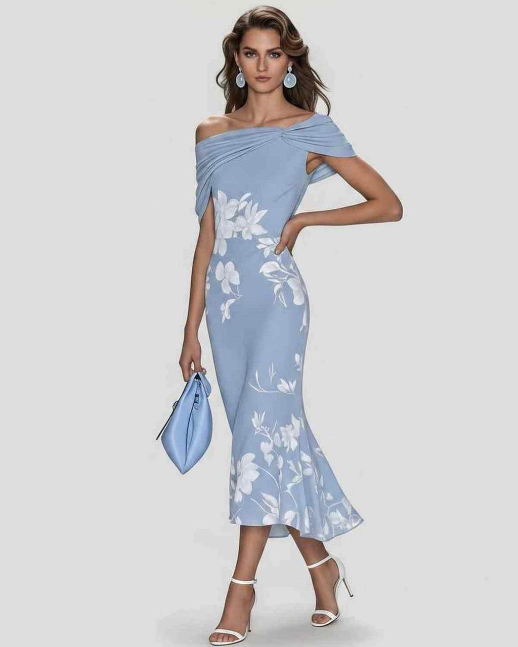 Veloura Midi Dress by Lauven — floral off shoulder satin midi dress with draped sleeves