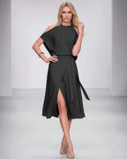 Seralyn Midi Dress by Lauven — halter sleeveless wrap midi dress with tie waist and front slit