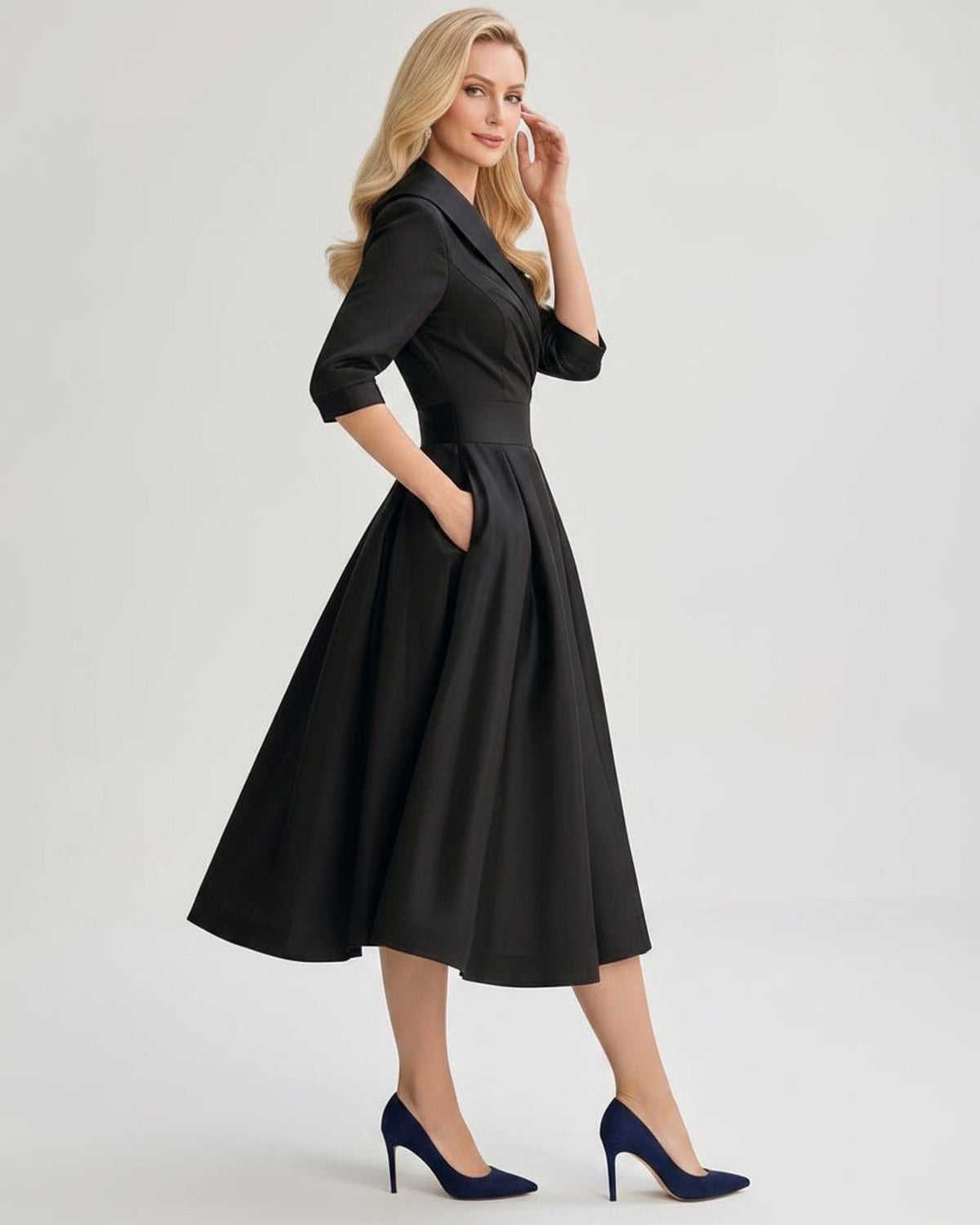 Serelune Midi Dress by Lauven — satin blend 3/4 sleeve V-neck A-line midi dress
