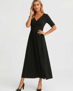 Velmira Midi Dress by Lauven — soft stretch short sleeve V-neck A-line midi dress