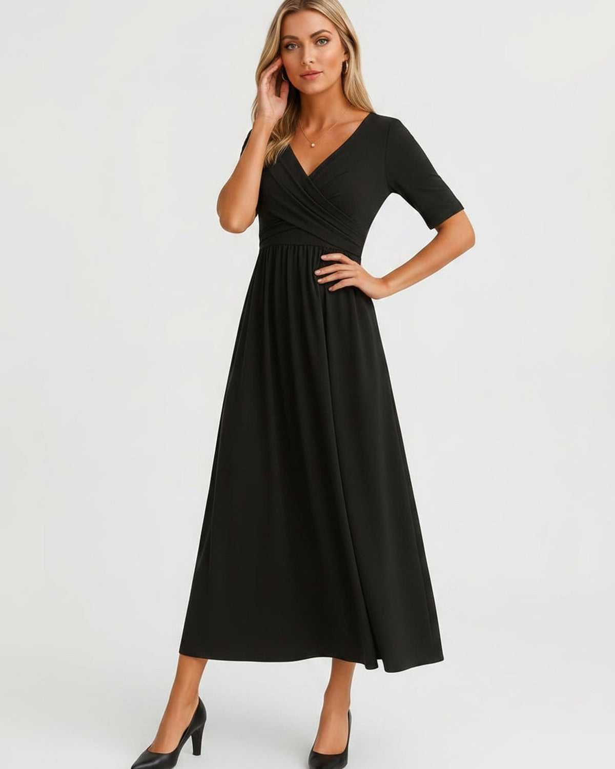 Velmira Midi Dress by Lauven — soft stretch short sleeve V-neck A-line midi dress