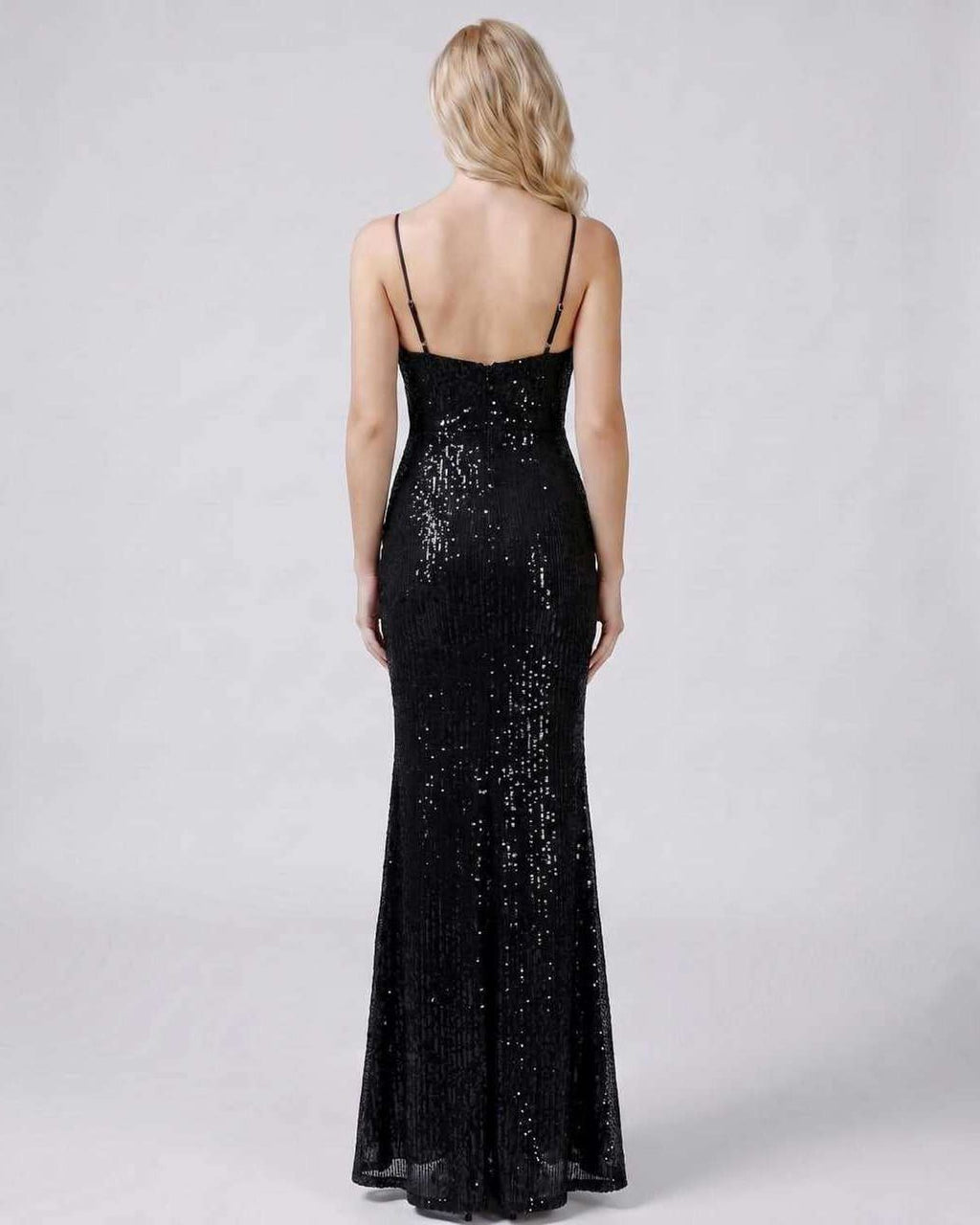 Celeste Maxi Dress by Lauven — sequin sleeveless V-neck mermaid maxi dress with spaghetti straps and front slit