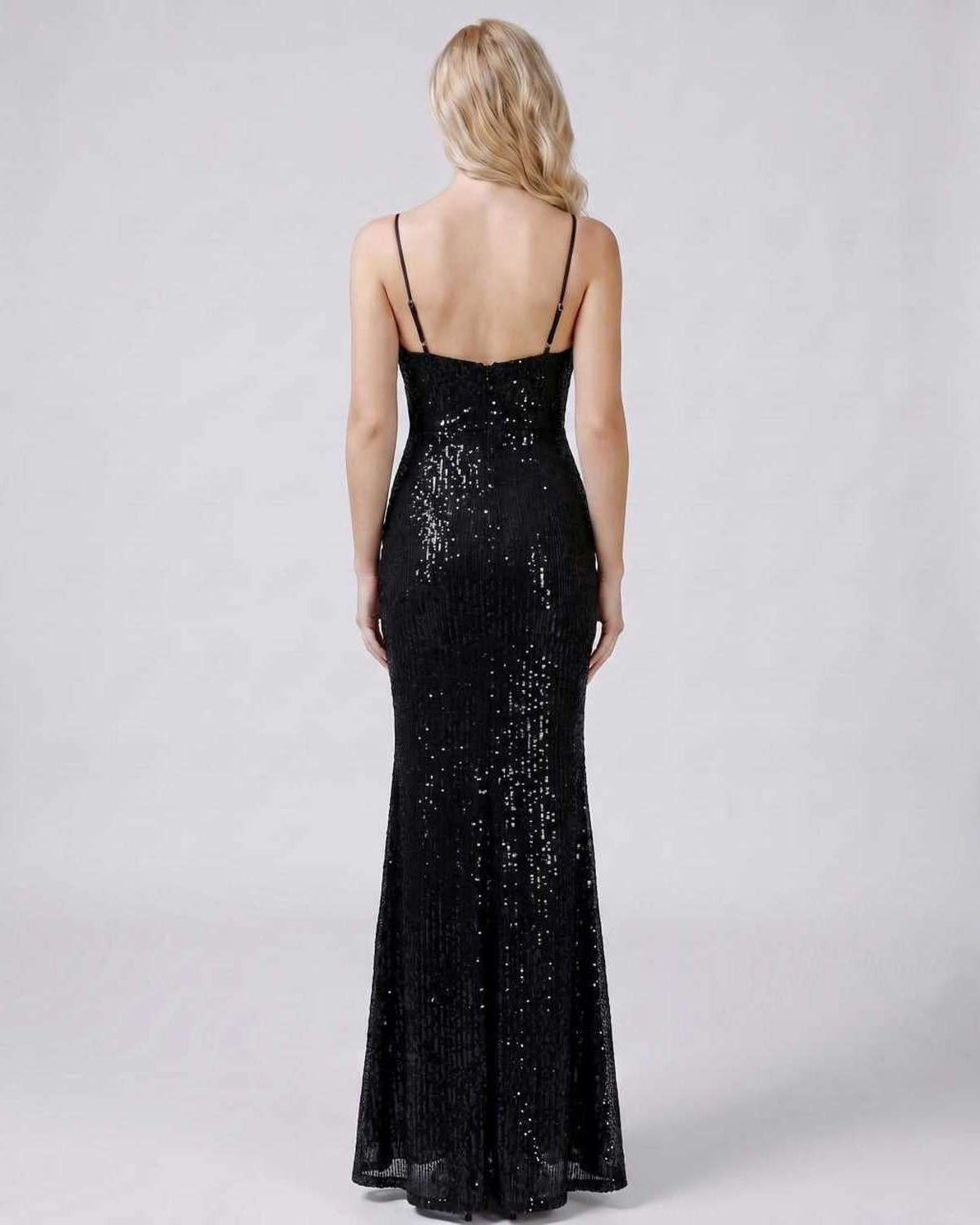 Celeste Maxi Dress by Lauven — sequin sleeveless V-neck mermaid maxi dress with spaghetti straps and front slit