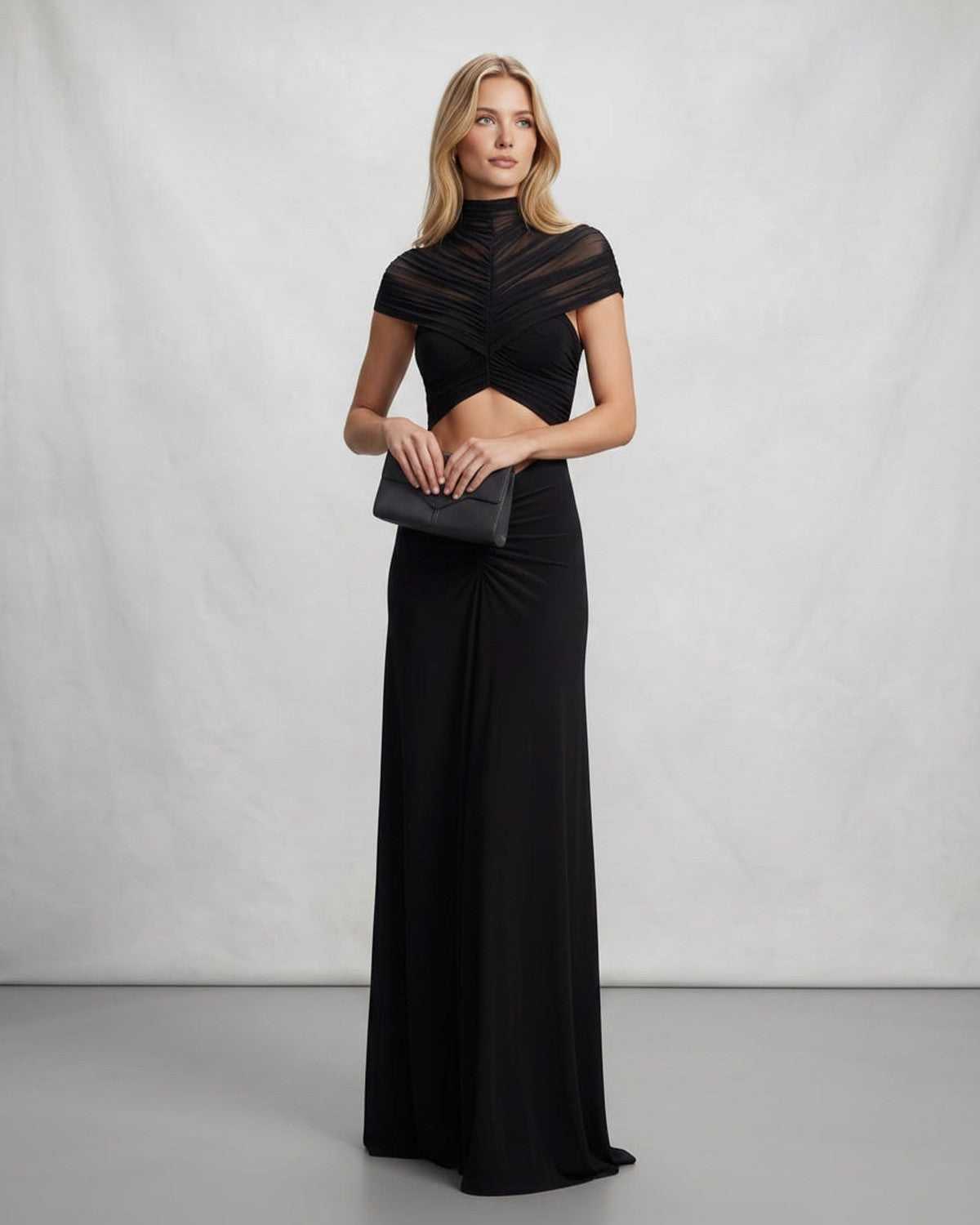 Veloura Maxi Dress by Lauven — polyester short sleeve stand collar flared hem maxi dress
