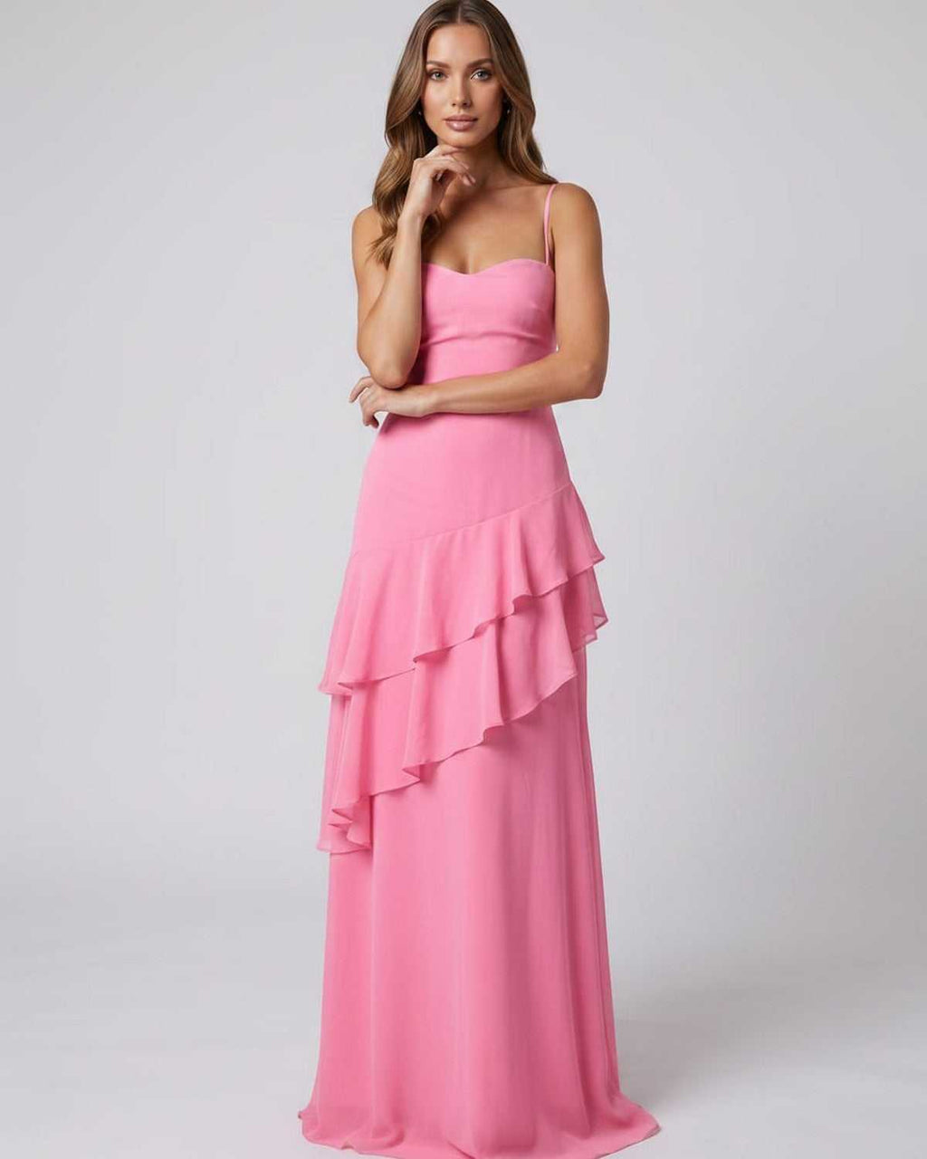 Rosette Maxi Dress by Lauven — polyester V-neck sleeveless bodycon maxi dress with layered ruffles