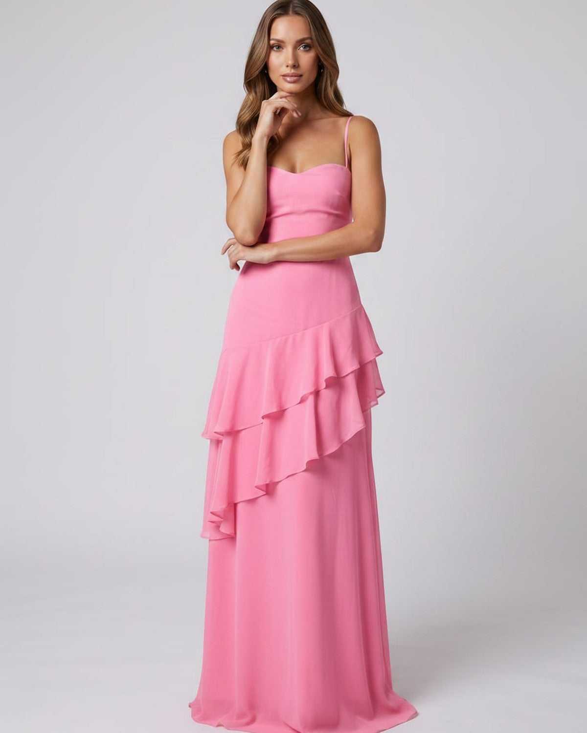 Rosette Maxi Dress by Lauven — polyester V-neck sleeveless bodycon maxi dress with layered ruffles