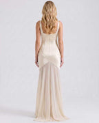Lunelle Maxi Dress by Lauven — polyester square neck sleeveless slip maxi dress with satin chiffon detail