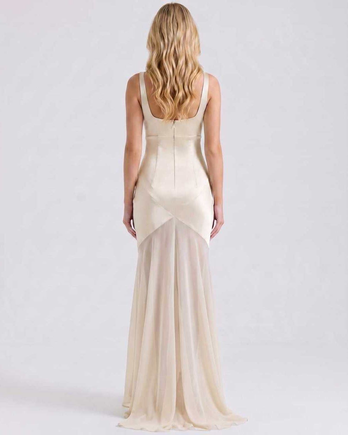 Lunelle Maxi Dress by Lauven — polyester square neck sleeveless slip maxi dress with satin chiffon detail