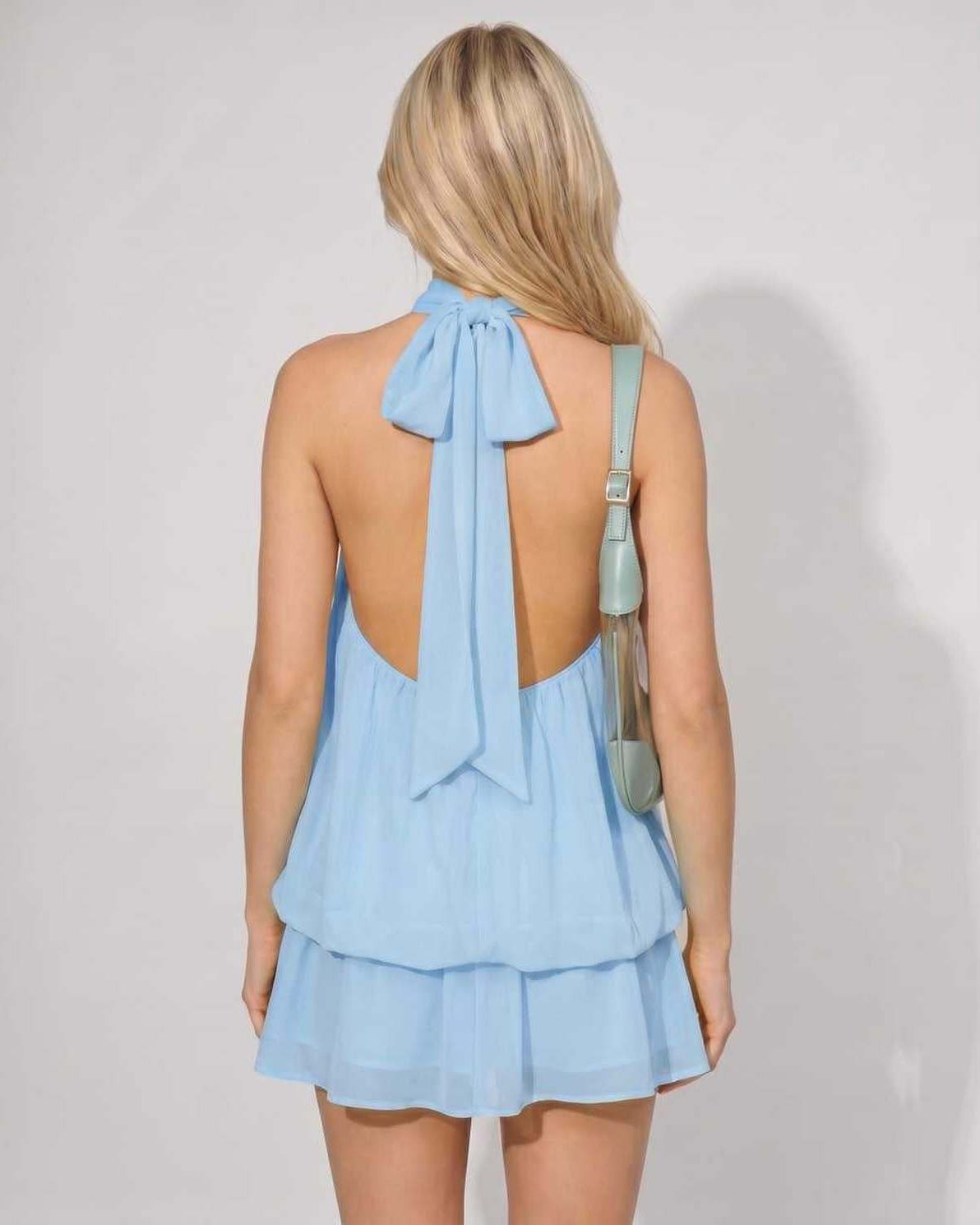 Lunelle Mini Dress by Lauven — polyester sleeveless tie neck loose fit mini dress