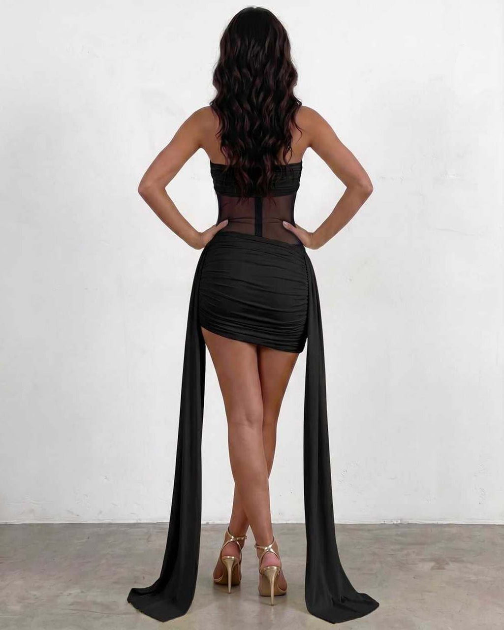 Veloura Mini Dress by Lauven — polyester strapless bodycon mini dress with draped detail