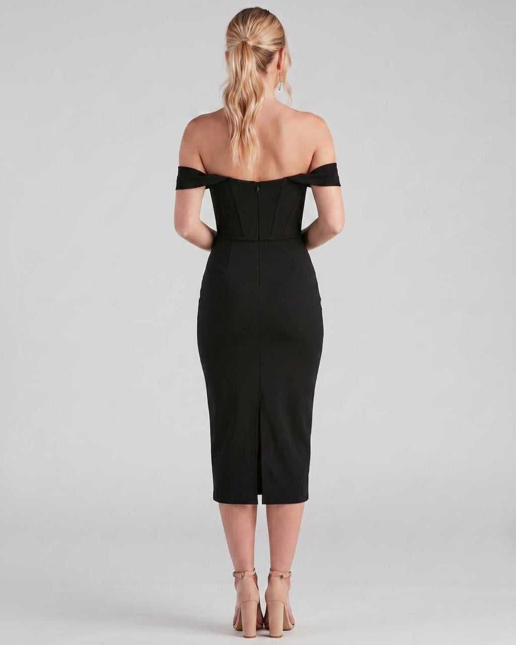 Celeste Midi Dress by Lauven — crepe-lined off-shoulder corset fitted midi dress