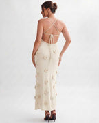Rosette Maxi Dress by Lauven — textured polyester knit sleeveless V-neck floral maxi dress