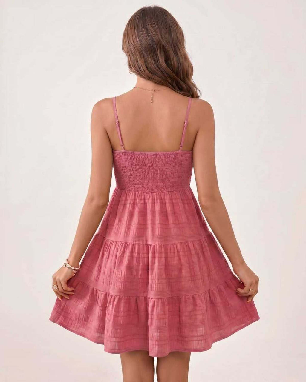 Solara Mini Dress by Lauven — textured sleeveless square neck tiered swing mini dress