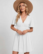 Calista Mini Dress by Lauven — chiffon ruffled short sleeve V-neck A-line mini dress