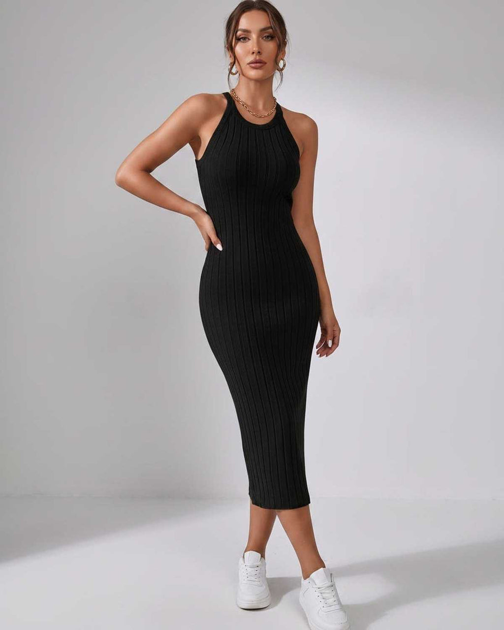 Lunara Midi Dress by Lauven — ribbed knit sleeveless crew neck slim-fit midi dress