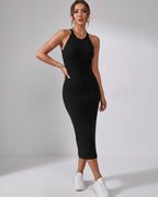 Lunara Midi Dress by Lauven — ribbed knit sleeveless crew neck slim-fit midi dress