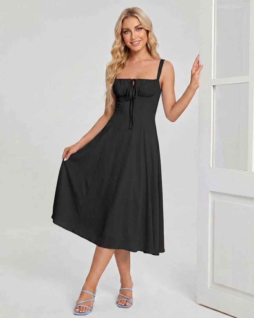 Serelune Midi Dress by Lauven — black lightweight sleeveless square neck A-line midi dress