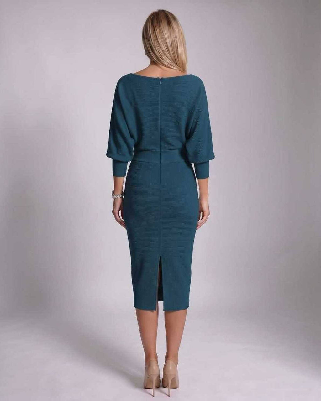 Serene Midi Dress by Lauven — knit batwing sleeve cowl neck fitted midi dress