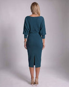 Serene Midi Dress by Lauven — knit batwing sleeve cowl neck fitted midi dress