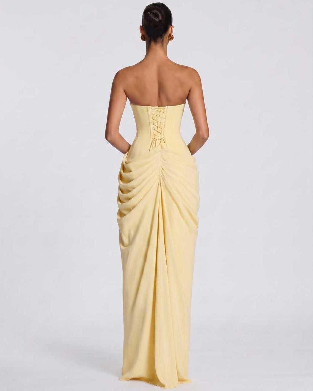 Seraphine Maxi Dress by Lauven — chiffon strapless pleated high slit maxi dress