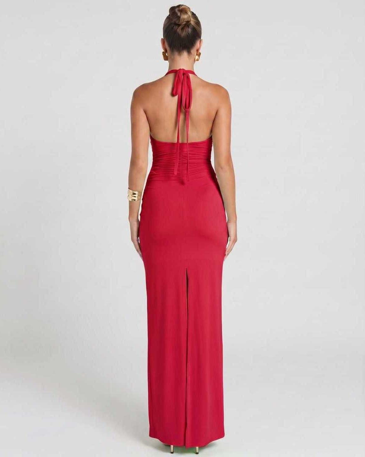 Solvienne Maxi Dress by Lauven — stretch sleeveless deep V-neck ruched maxi dress