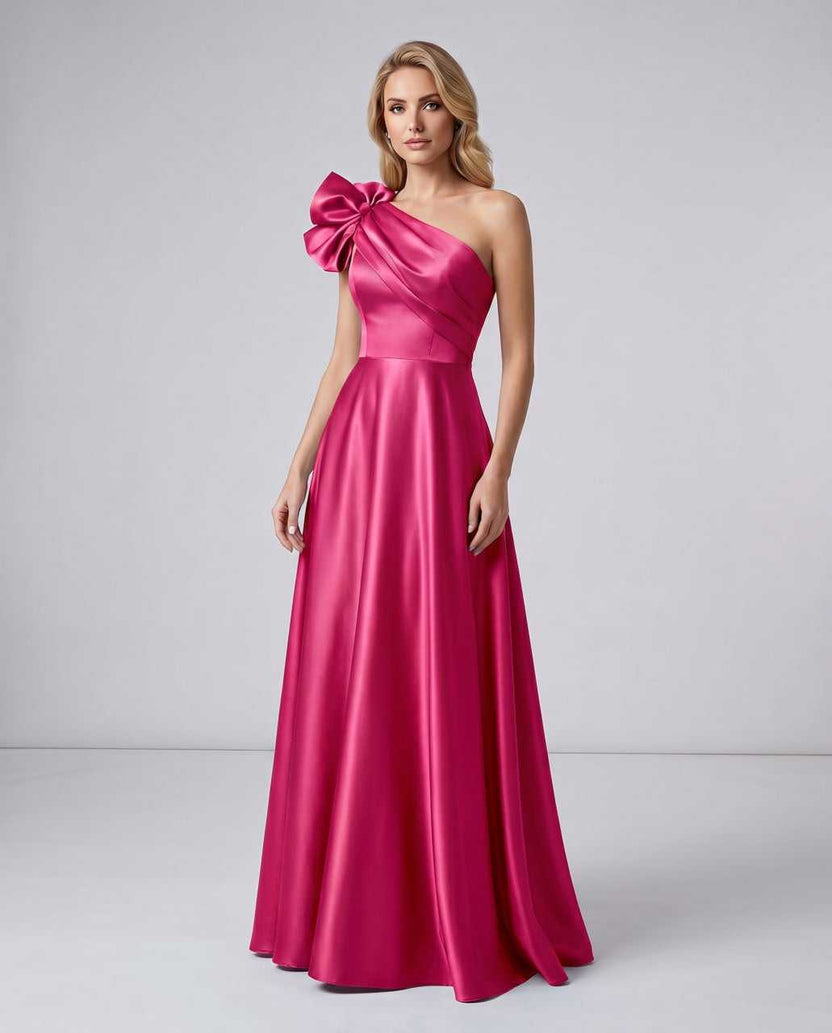 Aurevina Maxi Dress by Lauven — hot pink satin one shoulder A-line maxi dress with ruffle detail