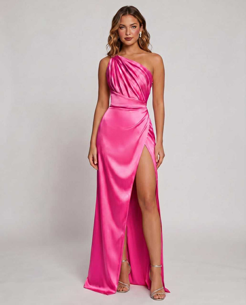 Veloura Maxi Dress by Lauven — hot pink satin one-shoulder mermaid maxi dress with slit