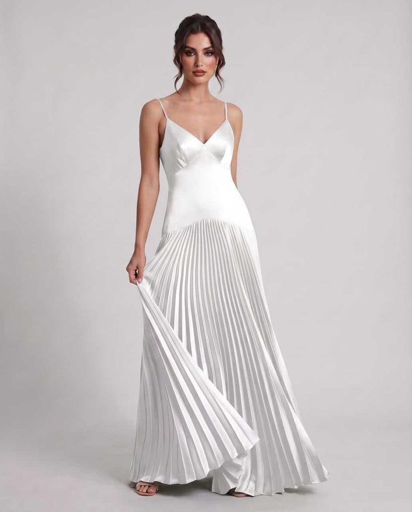 Veloura Maxi Dress by Lauven — white satin spaghetti strap V-neck A-line maxi dress