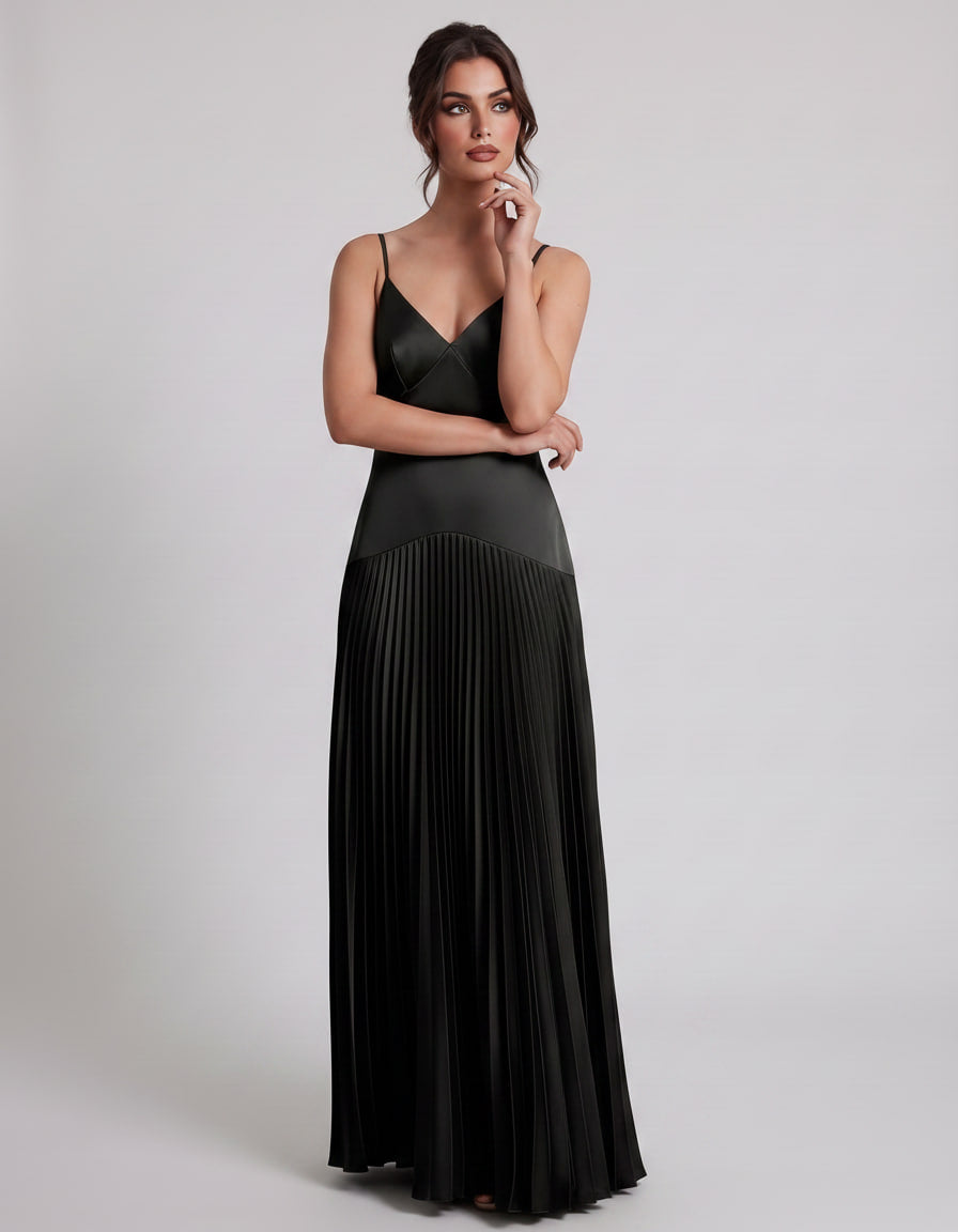 Veloura Maxi Dress by Lauven — satin spaghetti strap V-neck A-line maxi dress
