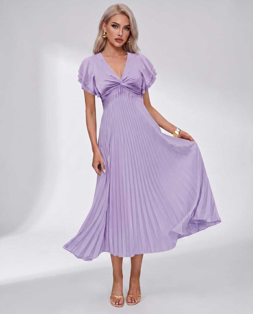 Veloura Midi Dress by Lauven — lilac pleated chiffon flutter sleeve V-neck A-line midi dress