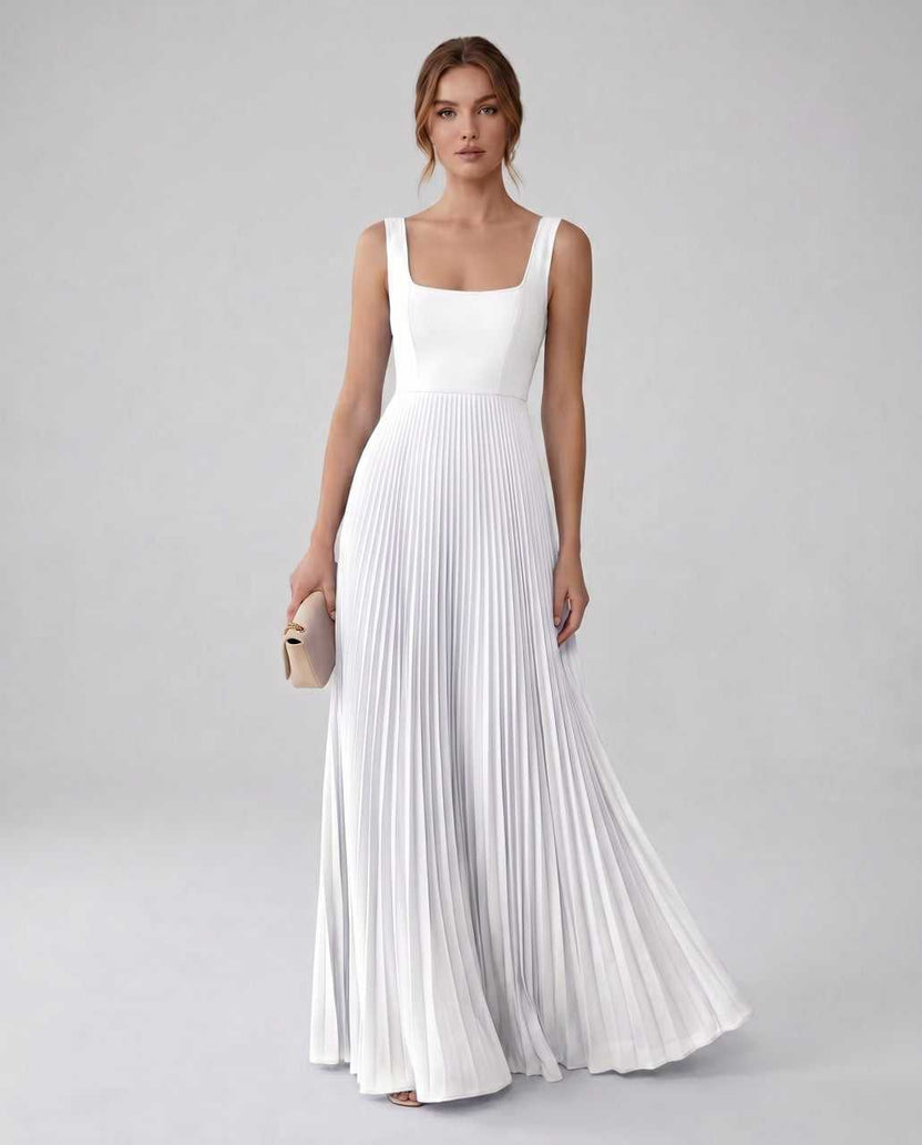 Veloura Maxi Dress by Lauven — white satin chiffon sleeveless square neck pleated A-line maxi dress