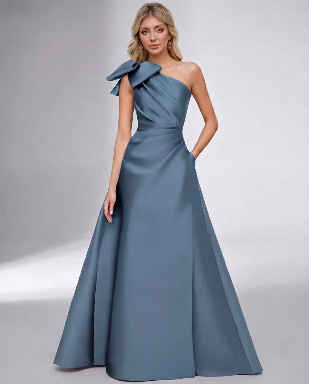 Celestia Maxi Dress by Lauven — satin one shoulder A-line maxi dress with bow
