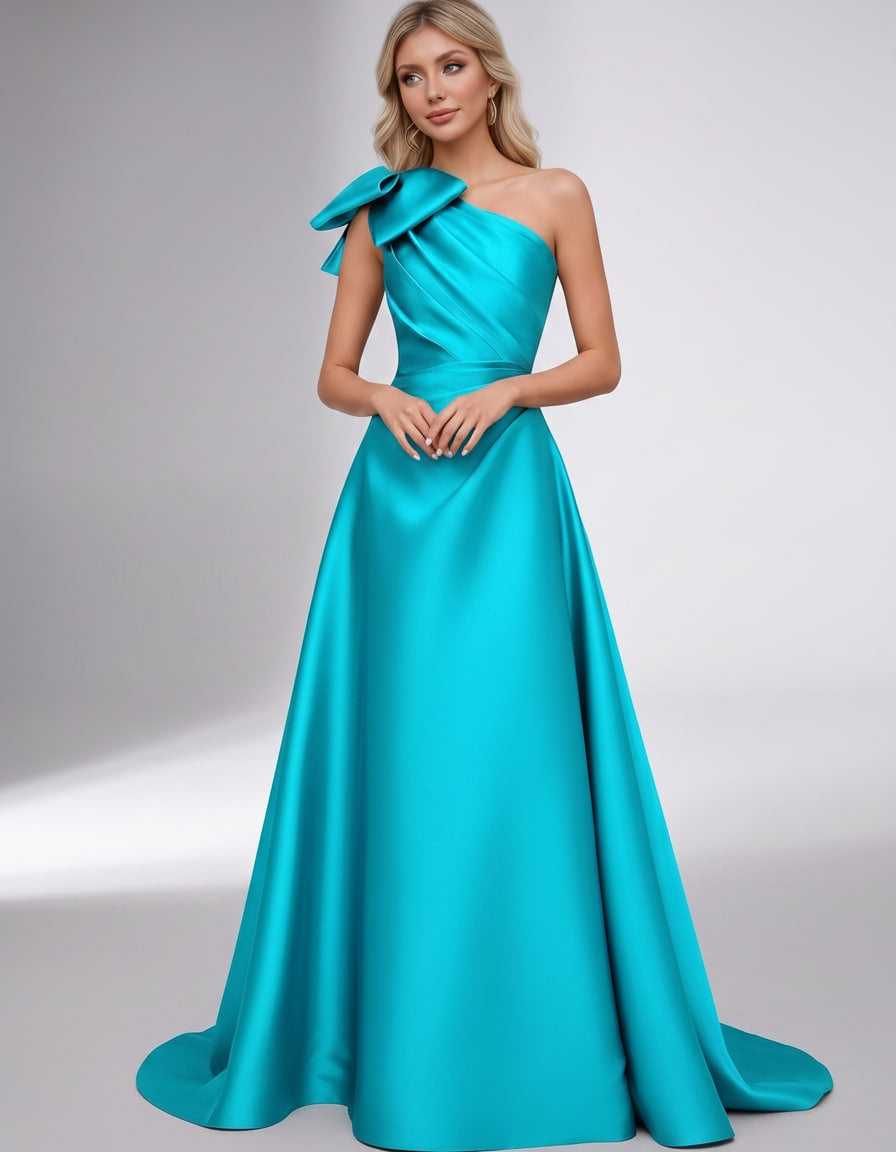 Celestia Maxi Dress by Lauven — satin one shoulder A-line maxi dress with bow