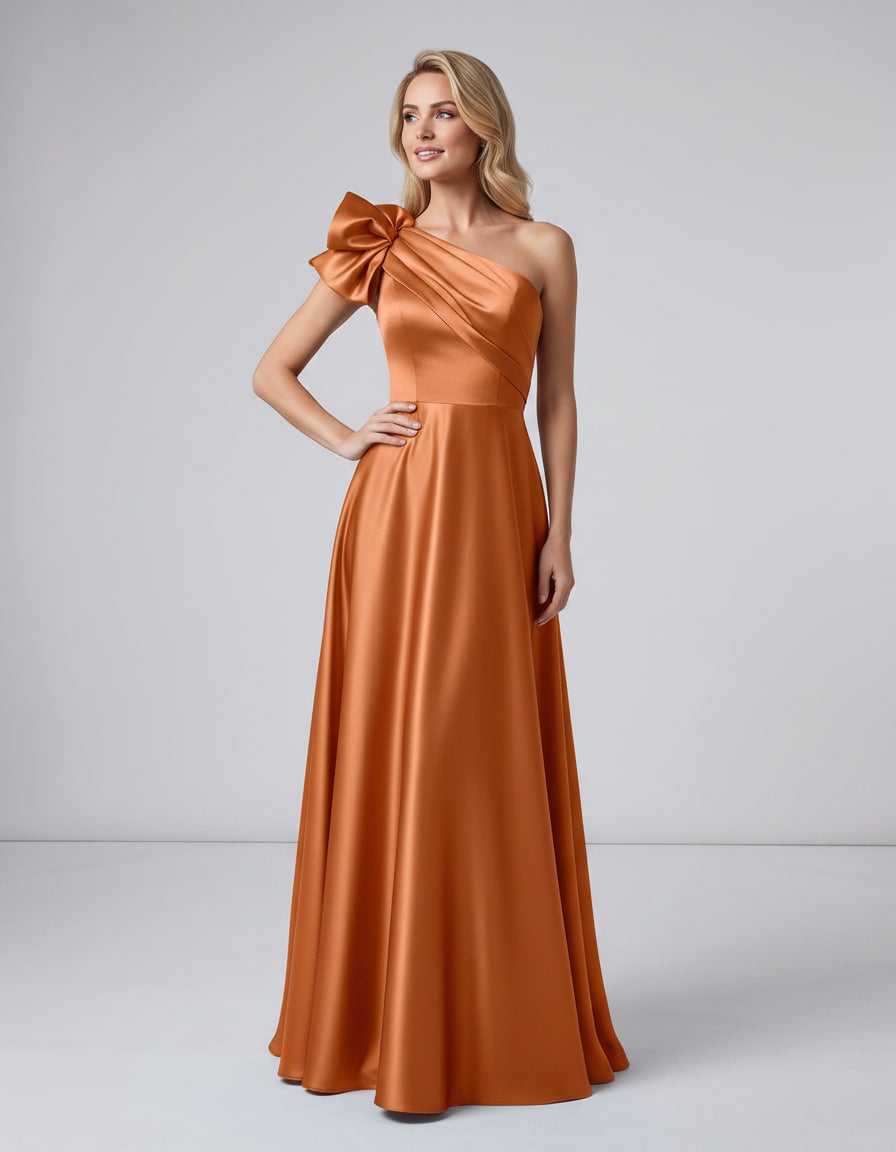 Aurevina Maxi Dress by Lauven — satin one shoulder A-line maxi dress with ruffle detail