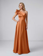 Aurevina Maxi Dress by Lauven — satin one shoulder A-line maxi dress with ruffle detail