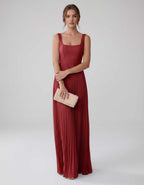 Veloura Maxi Dress by Lauven — satin chiffon sleeveless square neck pleated A-line maxi dress