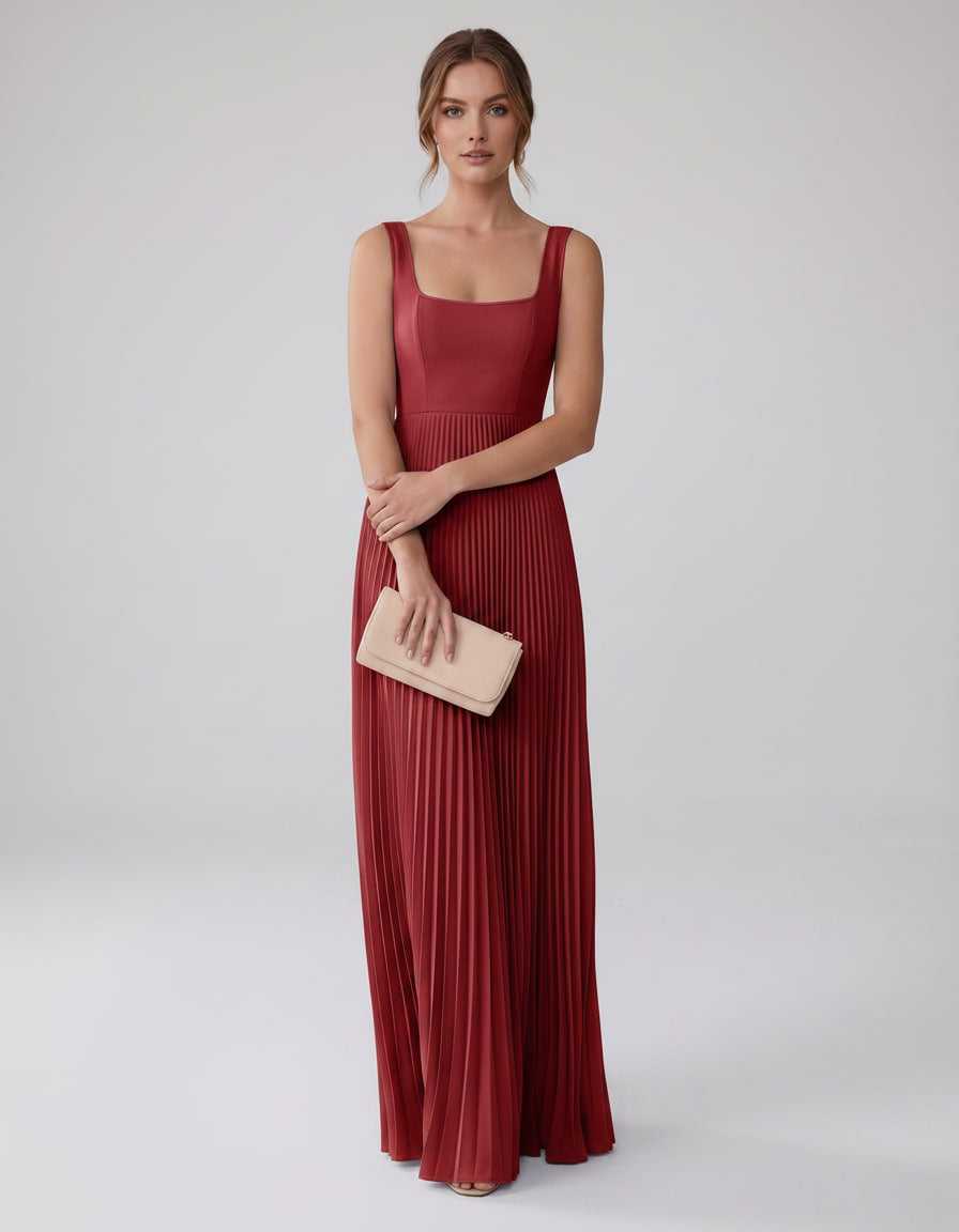 Veloura Maxi Dress by Lauven — satin chiffon sleeveless square neck pleated A-line maxi dress