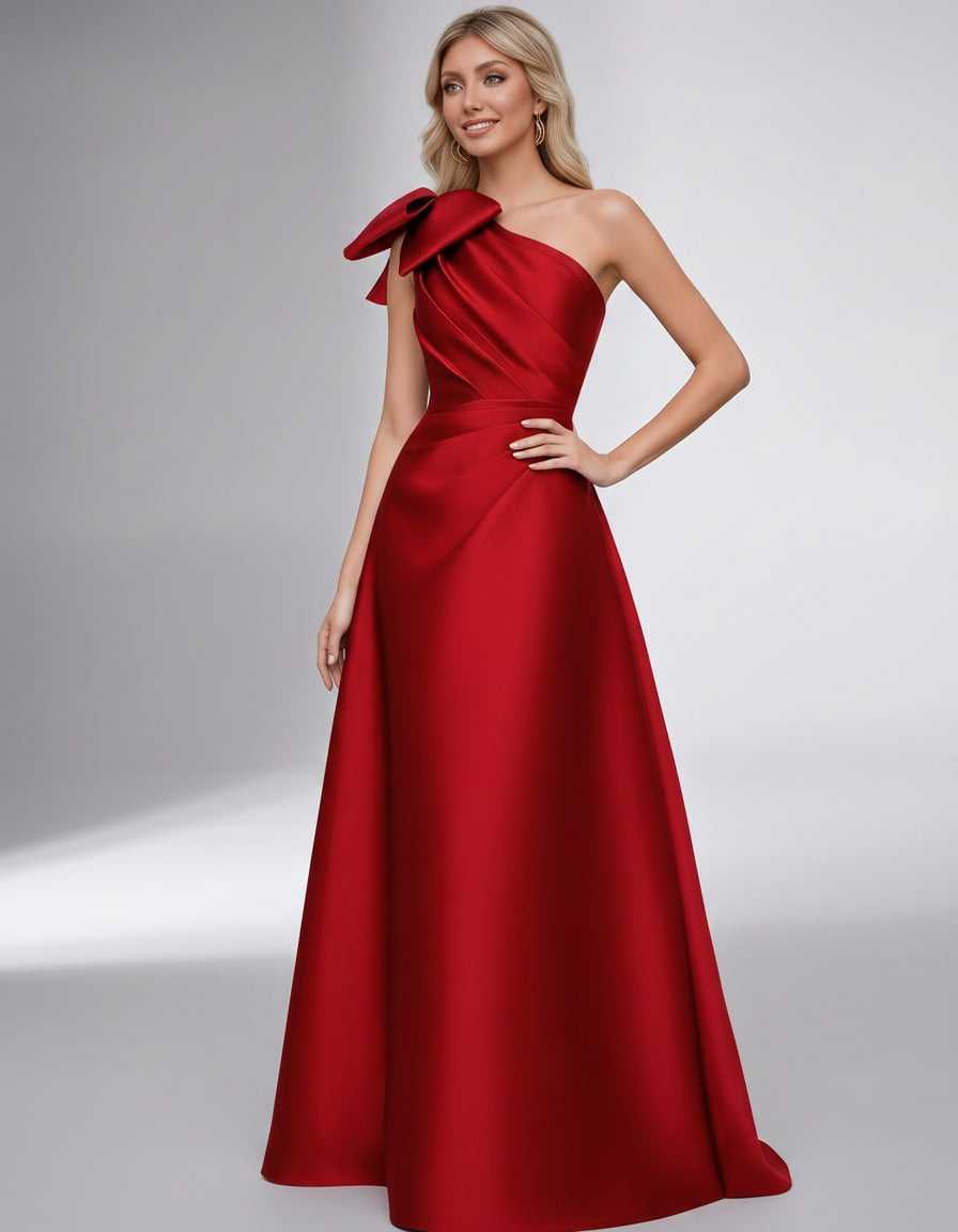 Celestia Maxi Dress by Lauven — satin one shoulder A-line maxi dress with bow