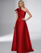 Celestia Maxi Dress by Lauven — satin one shoulder A-line maxi dress with bow