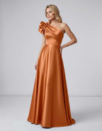 Aurevina Maxi Dress by Lauven — satin one shoulder A-line maxi dress with ruffle detail