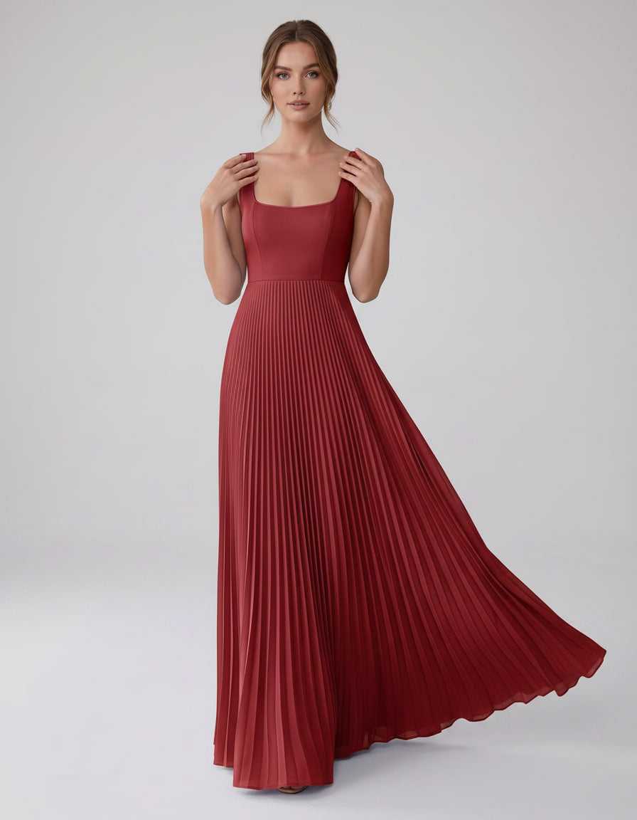 Veloura Maxi Dress by Lauven — satin chiffon sleeveless square neck pleated A-line maxi dress