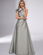 Celestia Maxi Dress by Lauven — satin one shoulder A-line maxi dress with bow