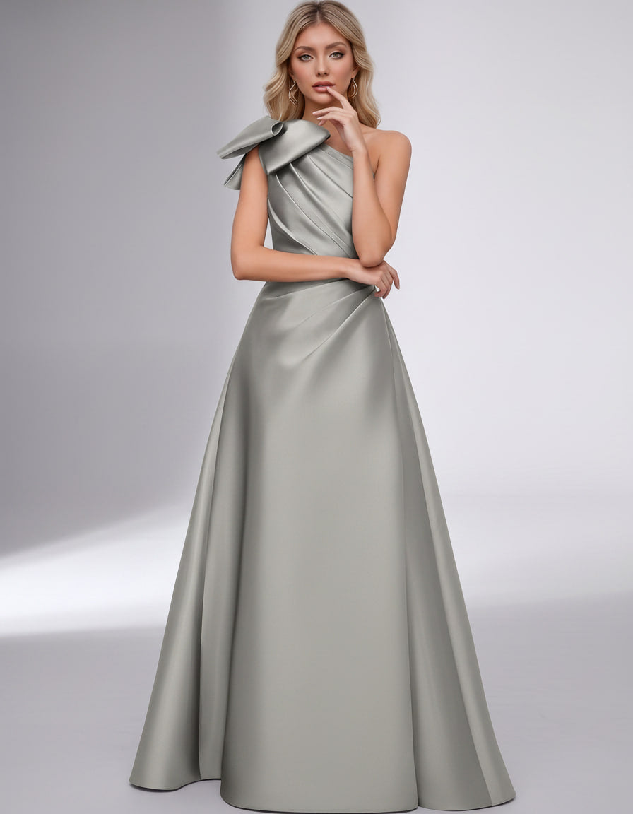 Celestia Maxi Dress by Lauven — satin one shoulder A-line maxi dress with bow