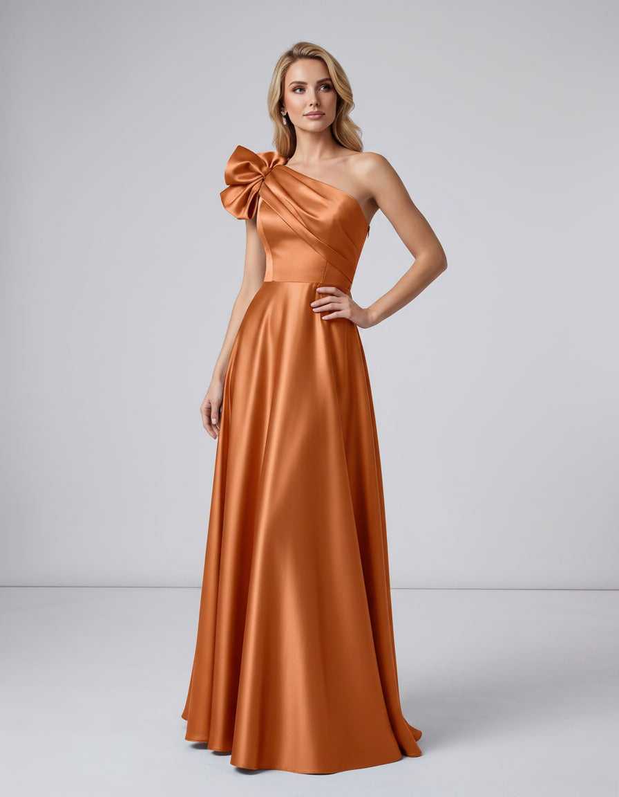 Aurevina Maxi Dress by Lauven — satin one shoulder A-line maxi dress with ruffle detail