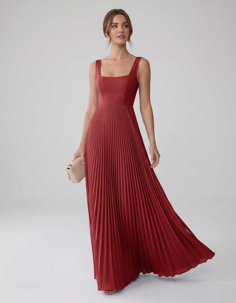 Veloura Maxi Dress by Lauven — satin chiffon sleeveless square neck pleated A-line maxi dress
